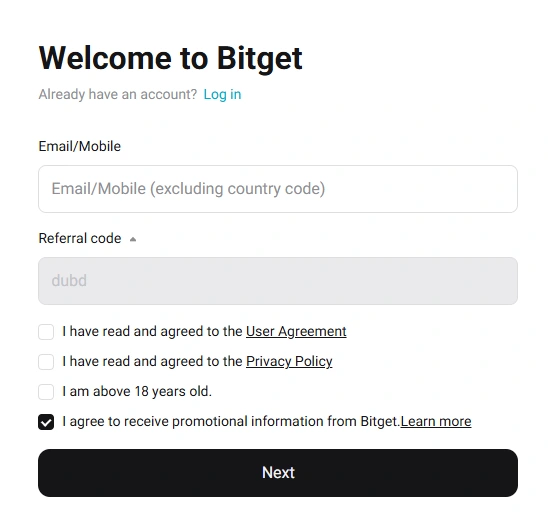Bitget 계정 생성 참고 화면