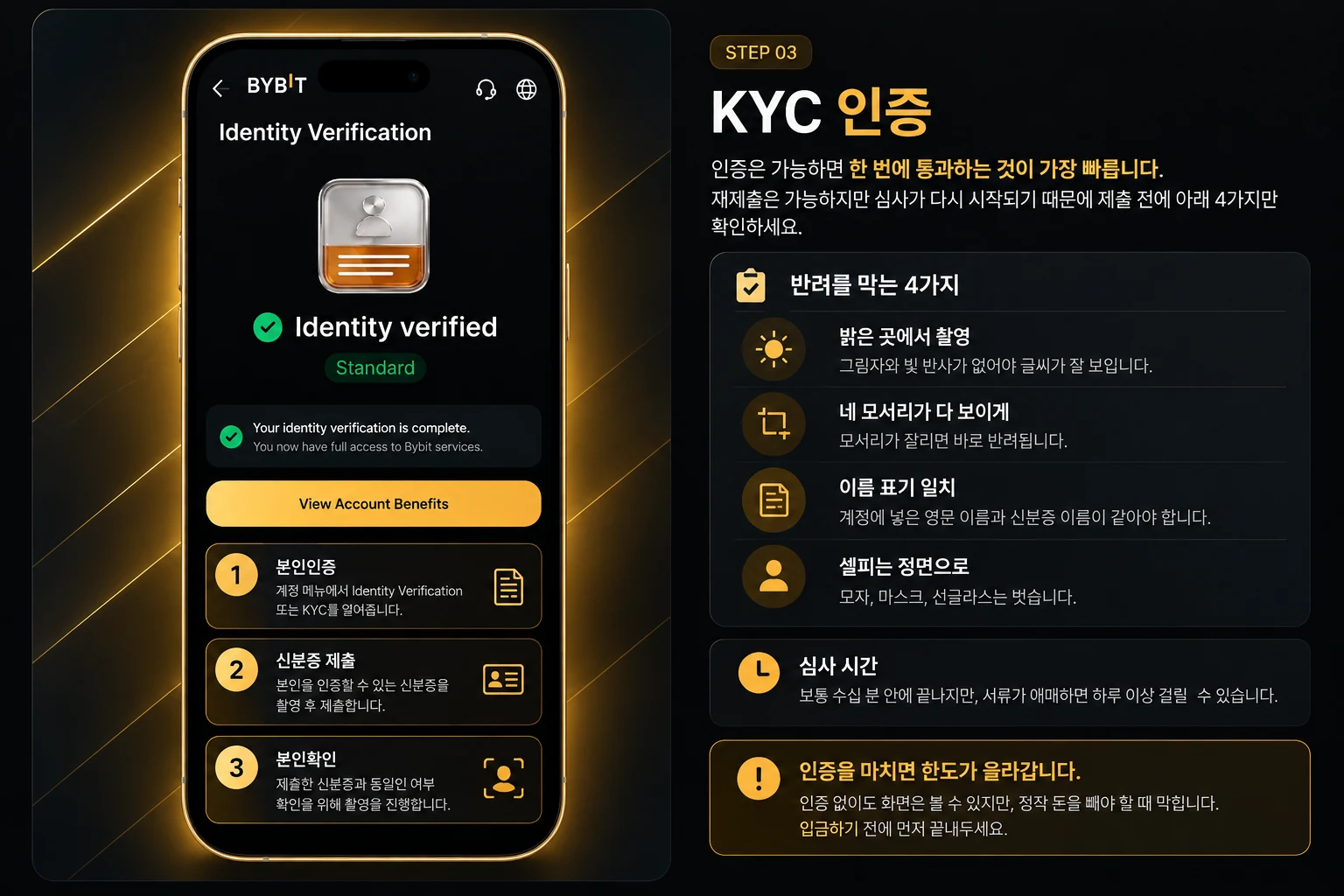 바이비트 STEP 03 KYC 인증 안내: 휴대폰 화면과 상세 설명